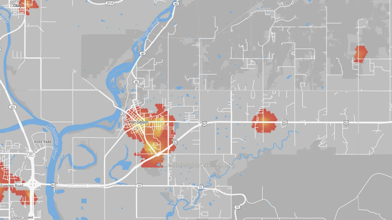 Walk Grade map of Fort Gibson, OK, walkable areas in green and car-dependent areas in red