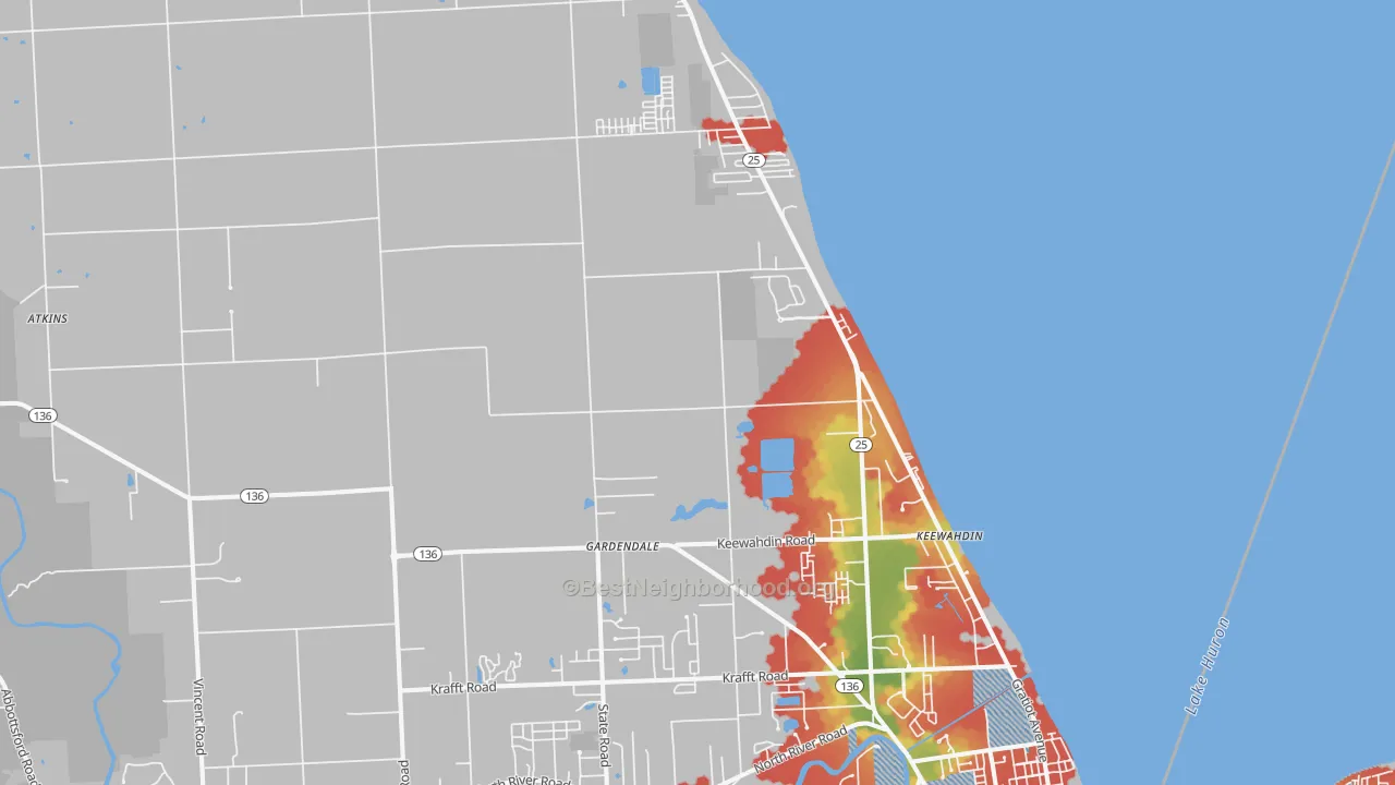 Walk Grade map of Fort Gratiot, MI, walkable areas in green and car-dependent areas in red