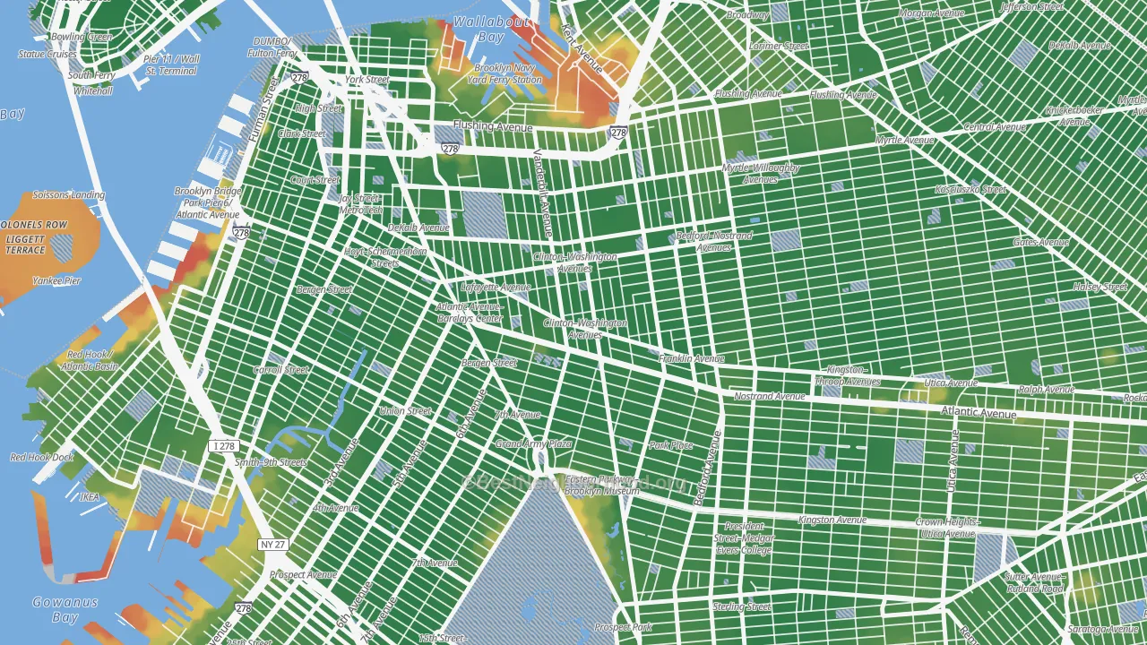 Walk Grade map of Fort Green, Brooklyn, NY, walkable areas in green and car-dependent areas in red