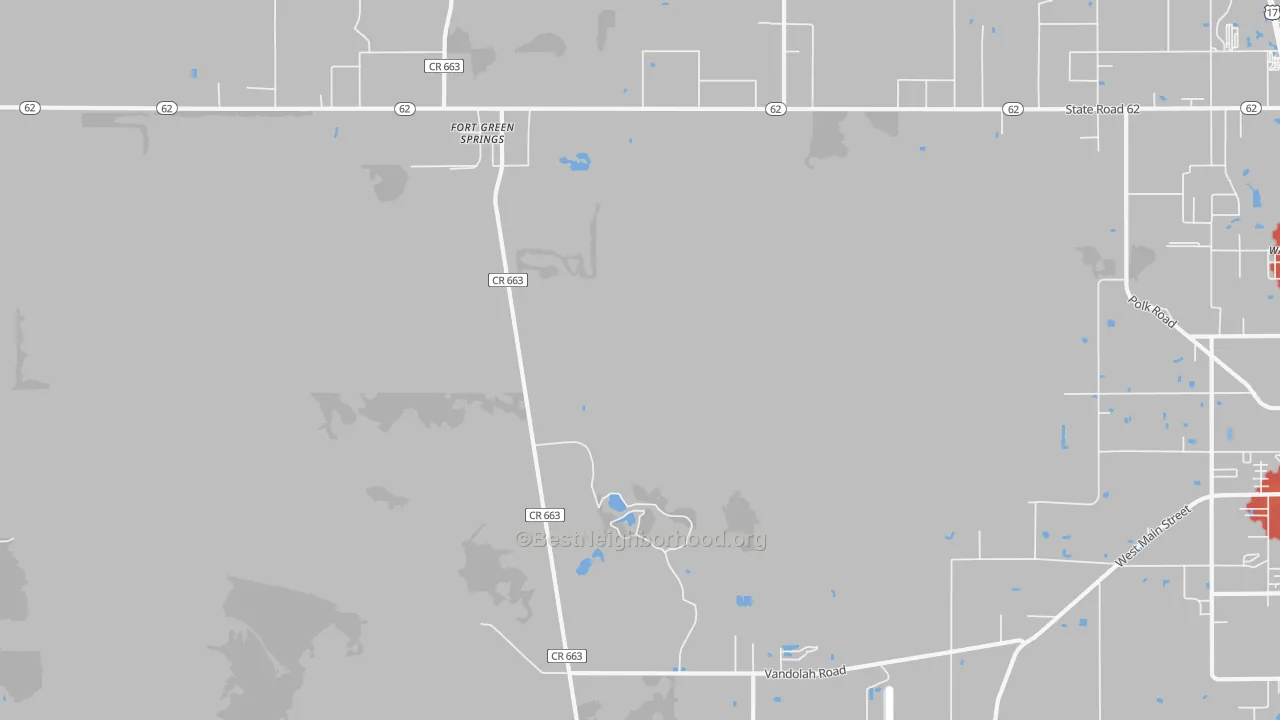 Walk Grade map of Fort Green Springs, FL, walkable areas in green and car-dependent areas in red