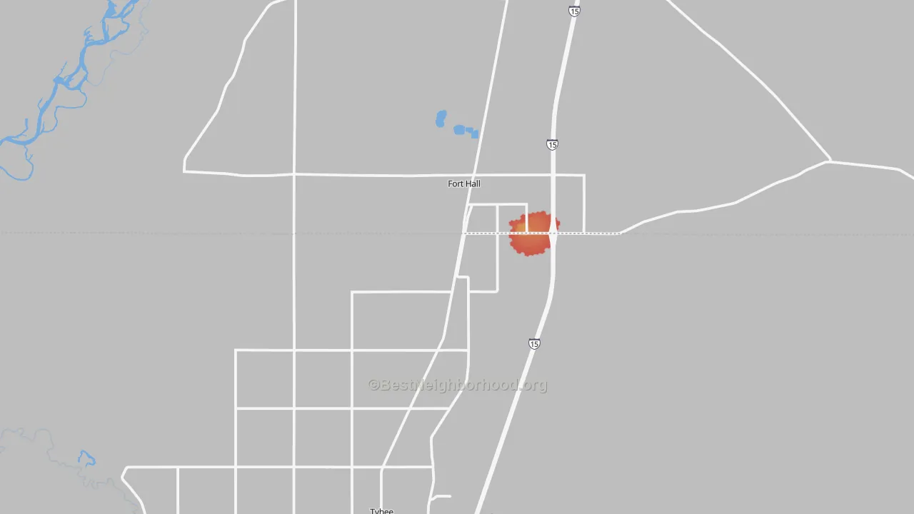 Walk Grade map of Fort Hall, ID, walkable areas in green and car-dependent areas in red