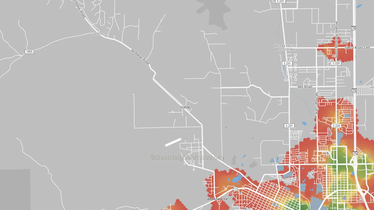 Walk Grade map of Fort Harrison, MT, walkable areas in green and car-dependent areas in red