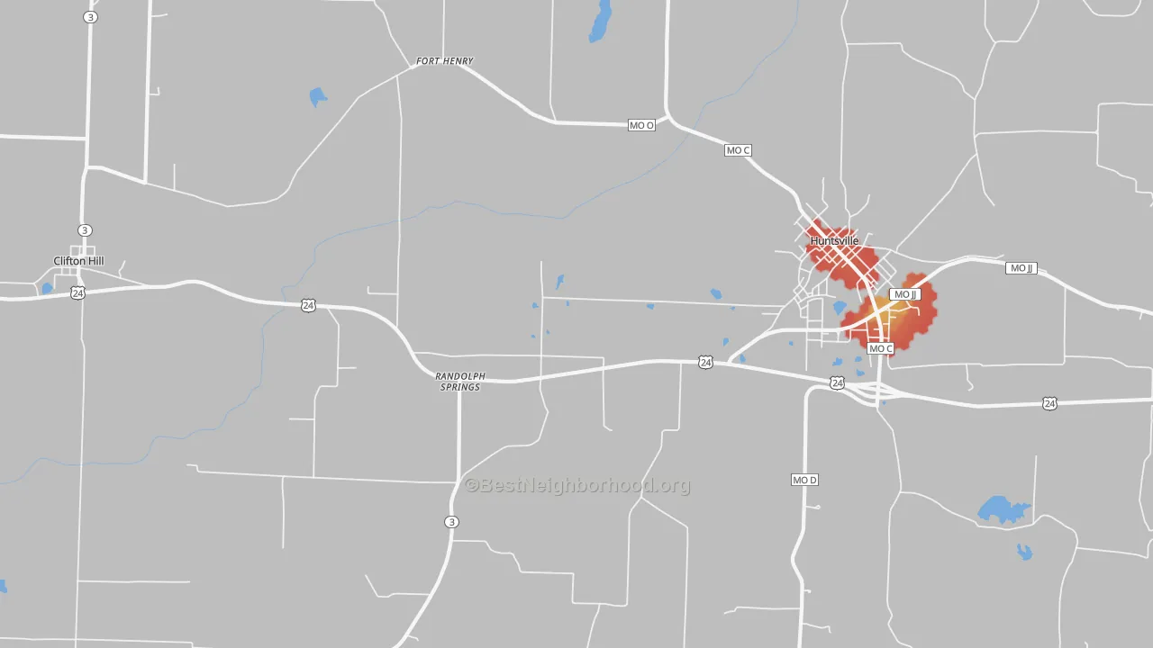 Walk Grade map of Fort Henry, MO, walkable areas in green and car-dependent areas in red