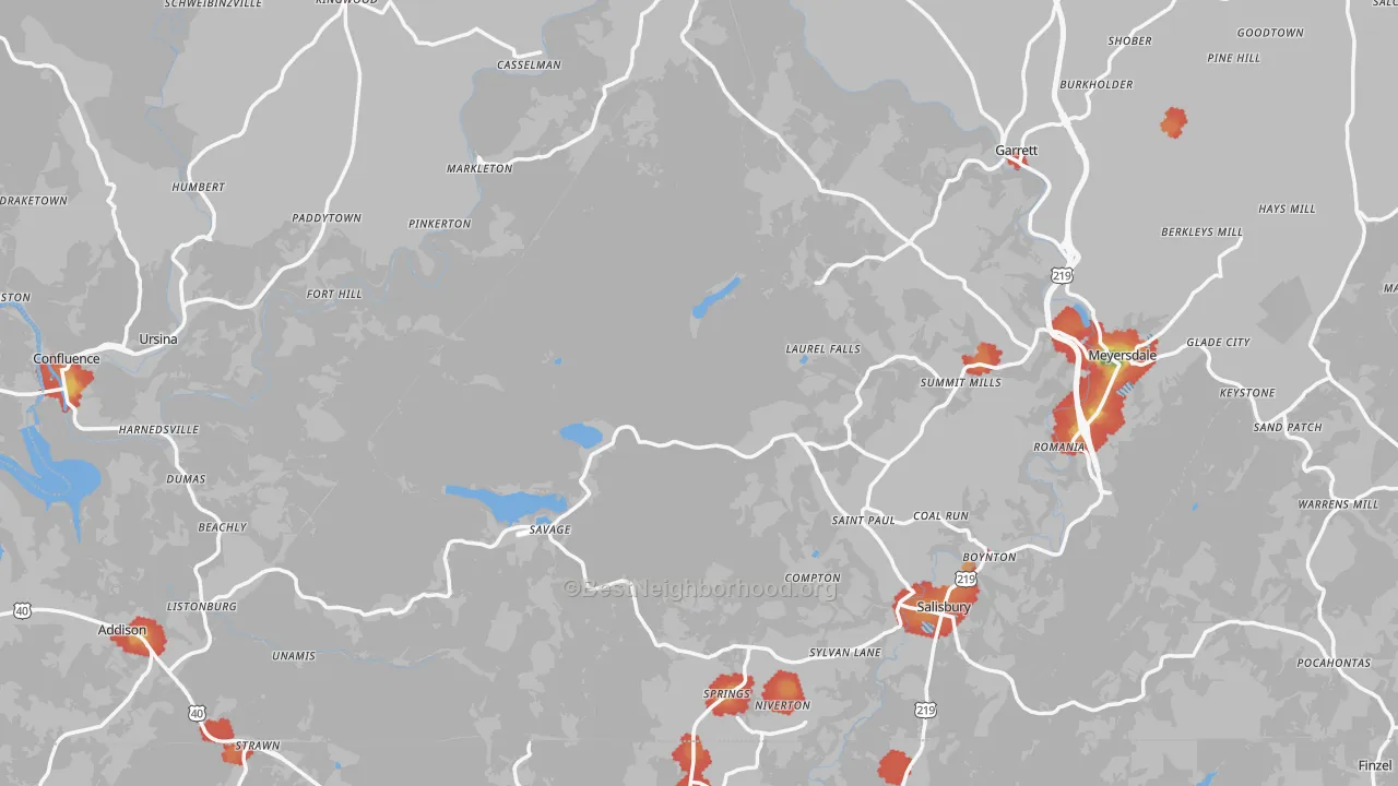 Walk Grade map of Fort Hill, PA, walkable areas in green and car-dependent areas in red
