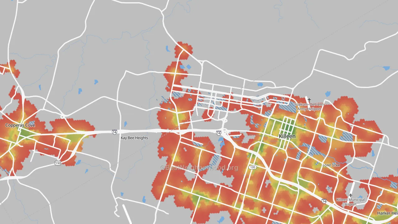Walk Grade map of Fort Hood, TX, walkable areas in green and car-dependent areas in red
