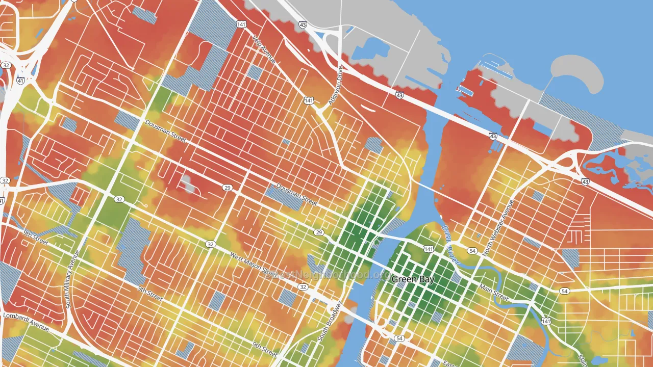 Walk Grade map of Fort Howard, Green Bay, WI, walkable areas in green and car-dependent areas in red