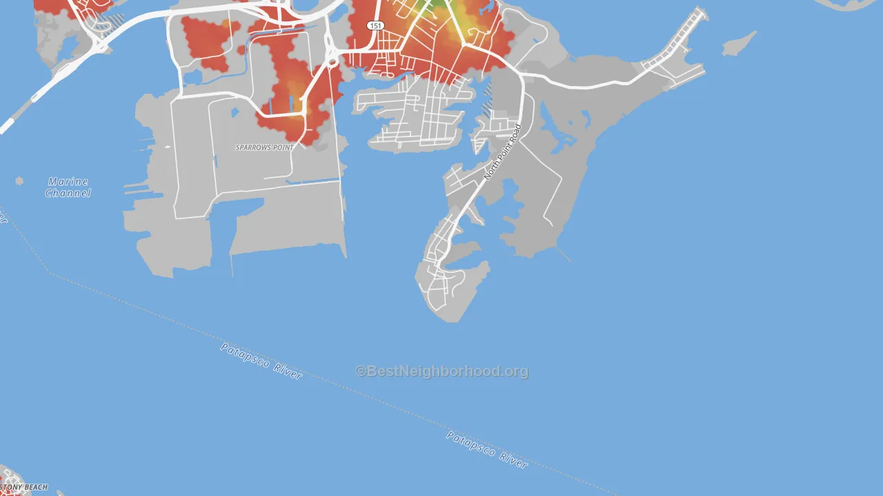 Walk Grade map of Fort Howard, MD, walkable areas in green and car-dependent areas in red