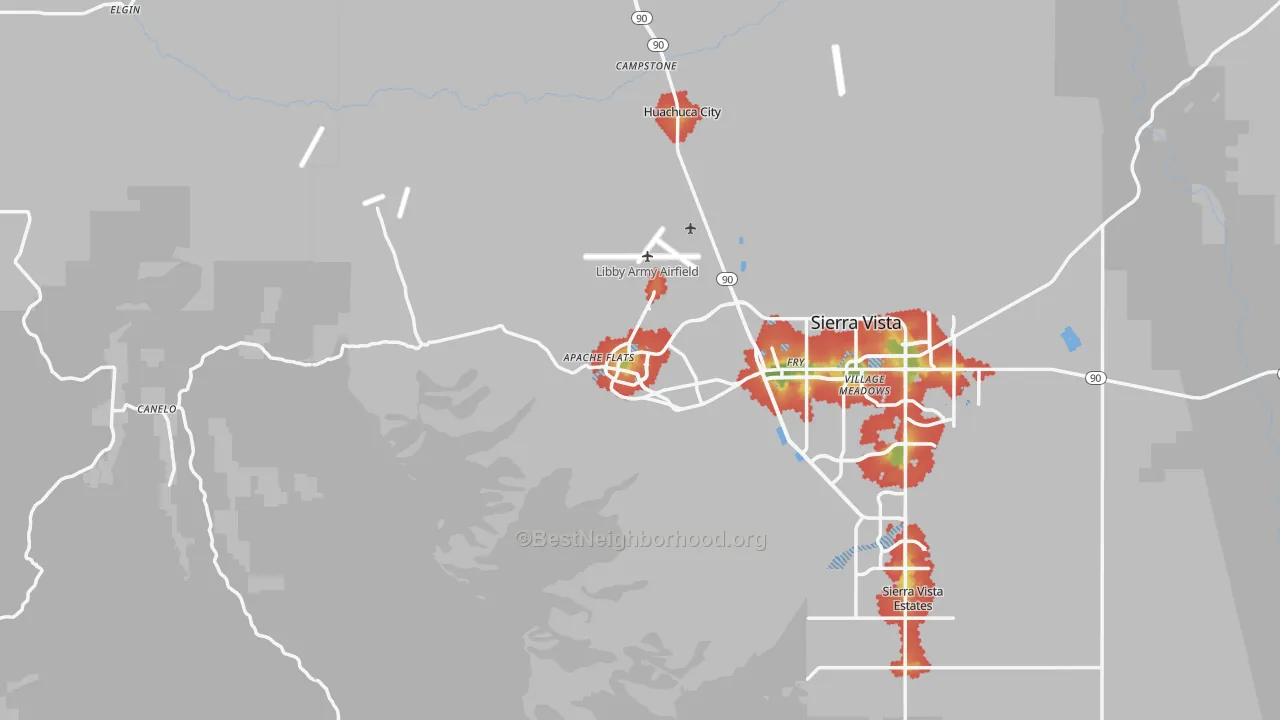 Walk Grade map of Fort Huachuca, AZ, walkable areas in green and car-dependent areas in red