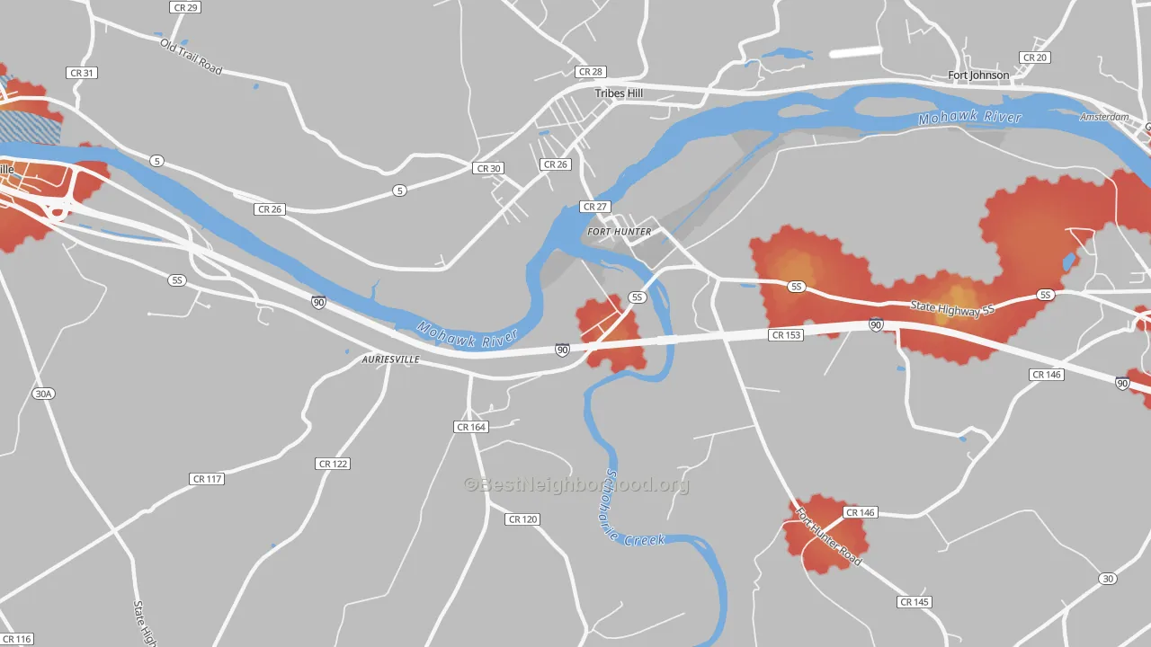 Walk Grade map of Fort Hunter, NY, walkable areas in green and car-dependent areas in red