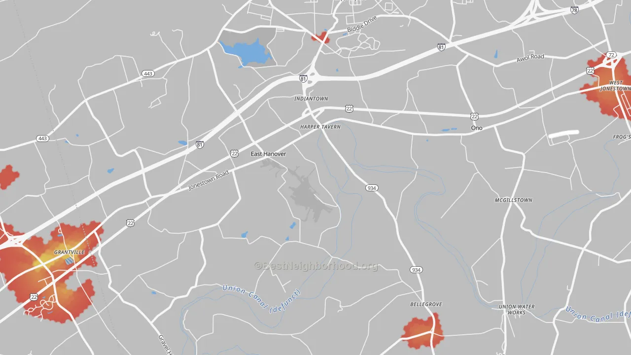 Walk Grade map of Fort Indiantown Gap, PA, walkable areas in green and car-dependent areas in red
