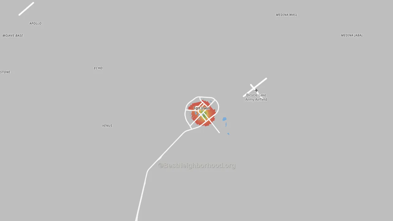 Walk Grade map of Fort Irwin, CA, walkable areas in green and car-dependent areas in red
