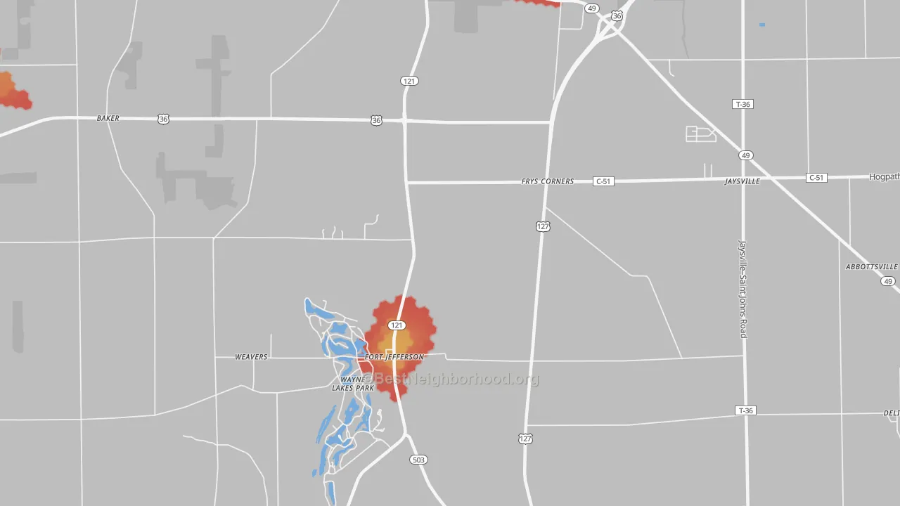 Walk Grade map of Fort Jefferson, OH, walkable areas in green and car-dependent areas in red