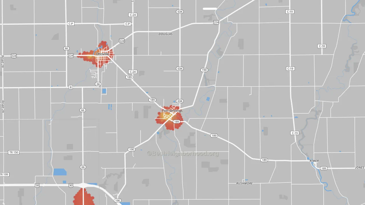 Walk Grade map of Fort Jennings, OH, walkable areas in green and car-dependent areas in red