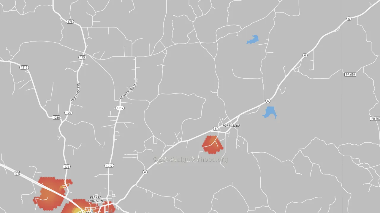 Walk Grade map of Fort Jesup, LA, walkable areas in green and car-dependent areas in red