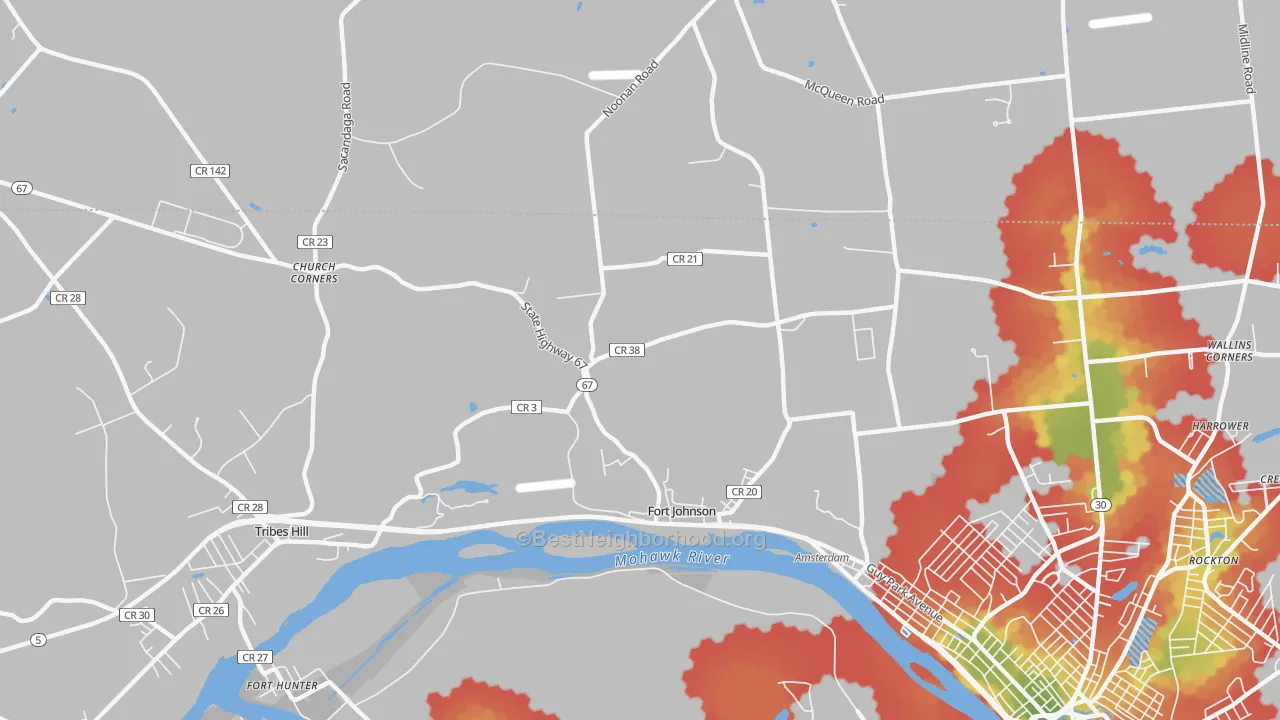 Walk Grade map of Fort Johnson, NY, walkable areas in green and car-dependent areas in red
