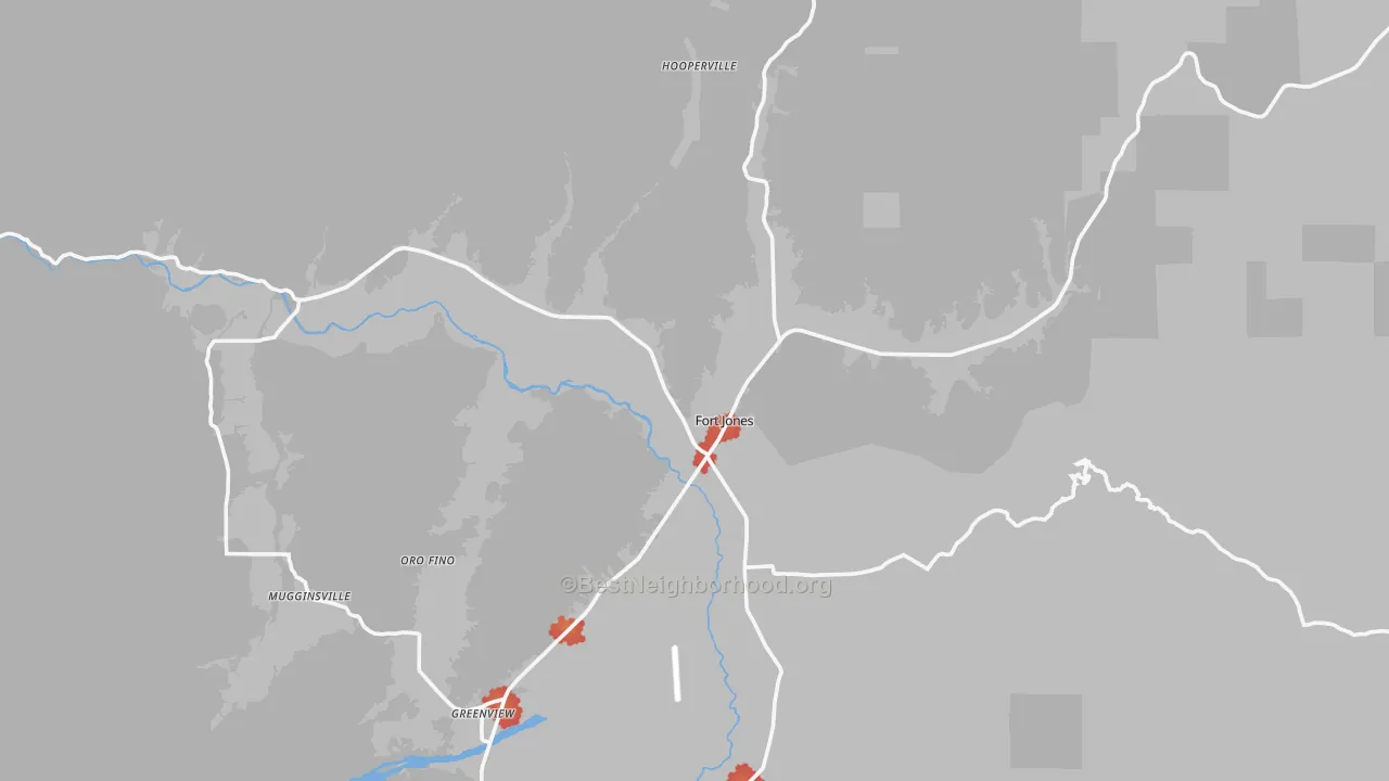 Walk Grade map of Fort Jones, CA, walkable areas in green and car-dependent areas in red