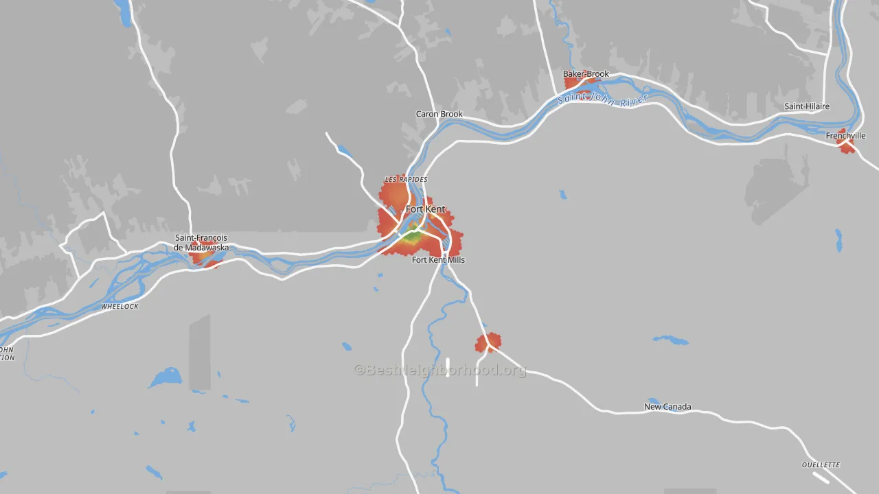 Walk Grade map of Fort Kent, ME, walkable areas in green and car-dependent areas in red