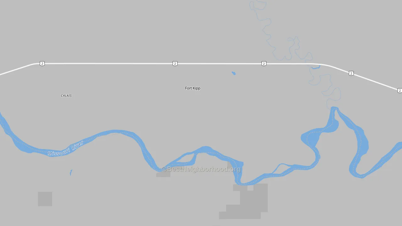 Walk Grade map of Fort Kipp, MT, walkable areas in green and car-dependent areas in red