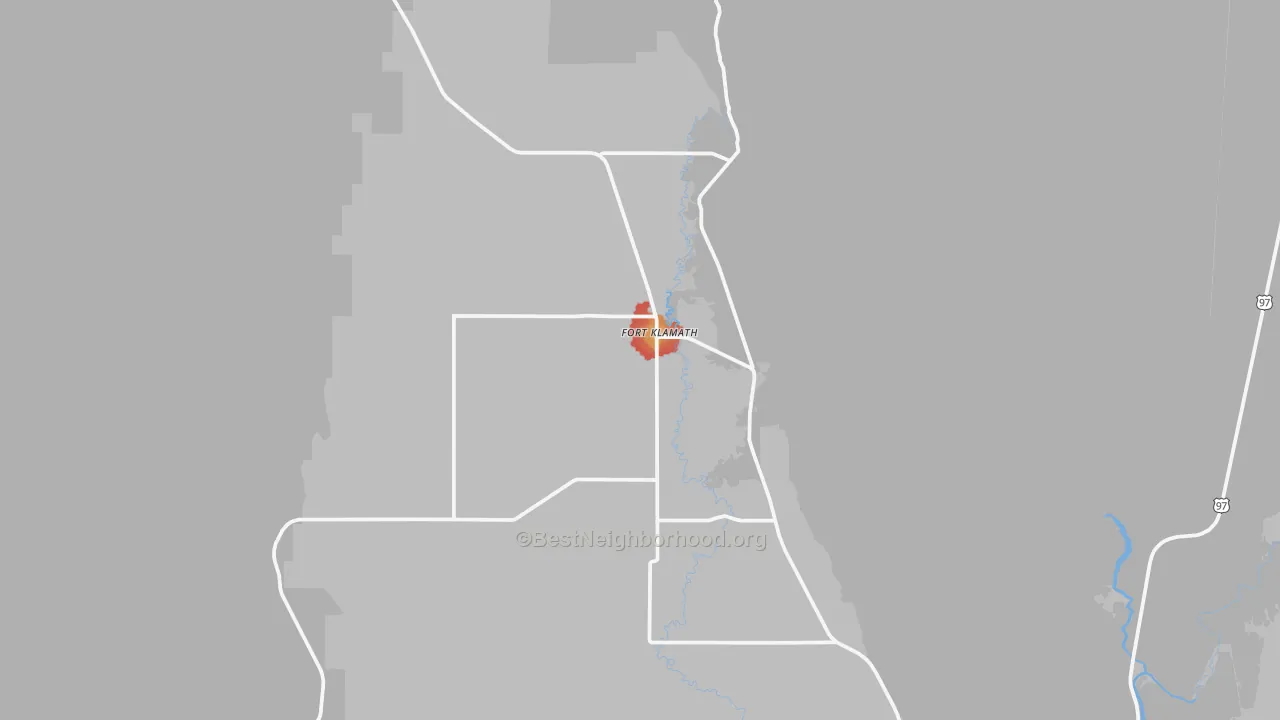 Walk Grade map of Fort Klamath, OR, walkable areas in green and car-dependent areas in red