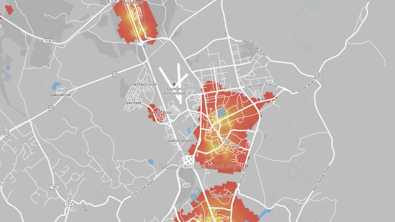 Walk Grade map of Fort Knox, KY, walkable areas in green and car-dependent areas in red