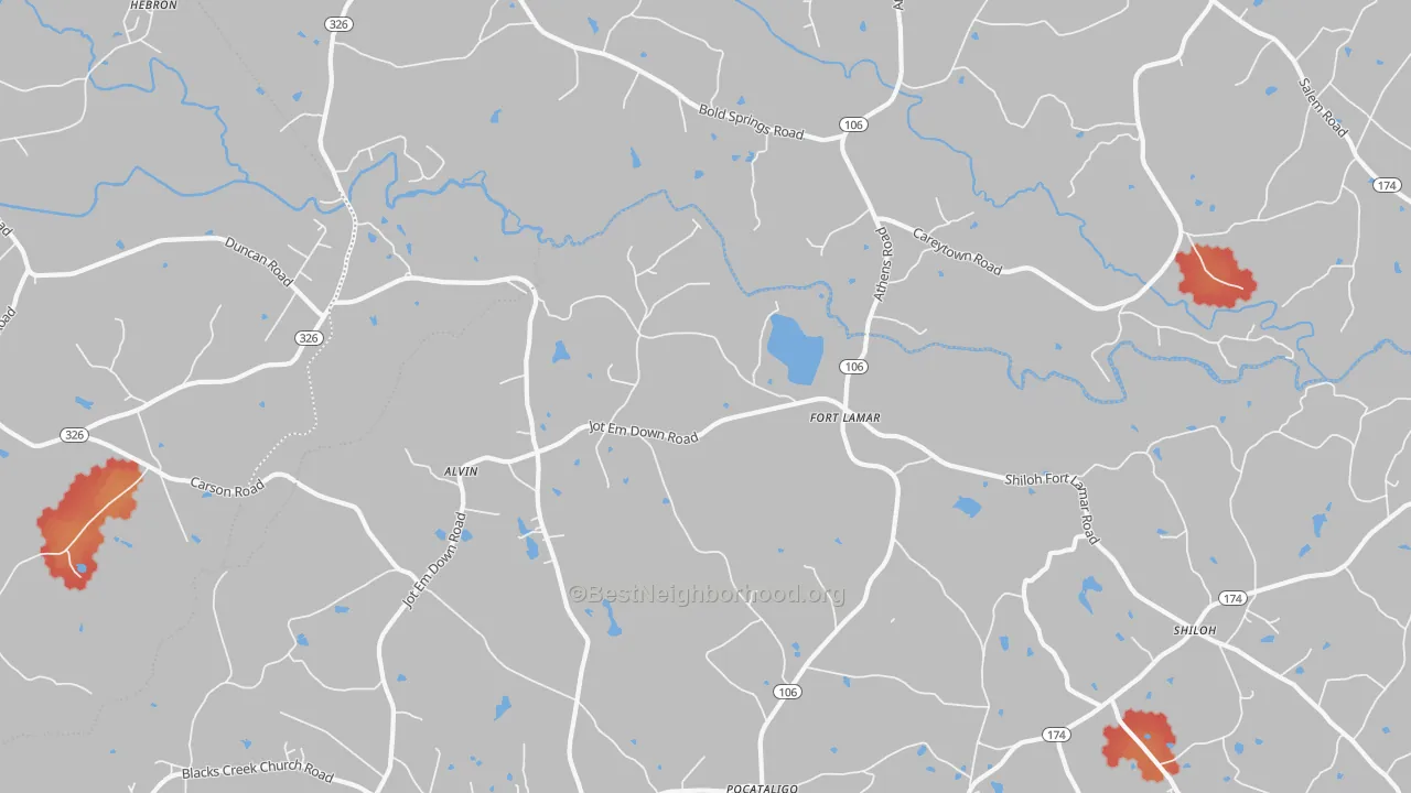 Walk Grade map of Fort Lamar, GA, walkable areas in green and car-dependent areas in red