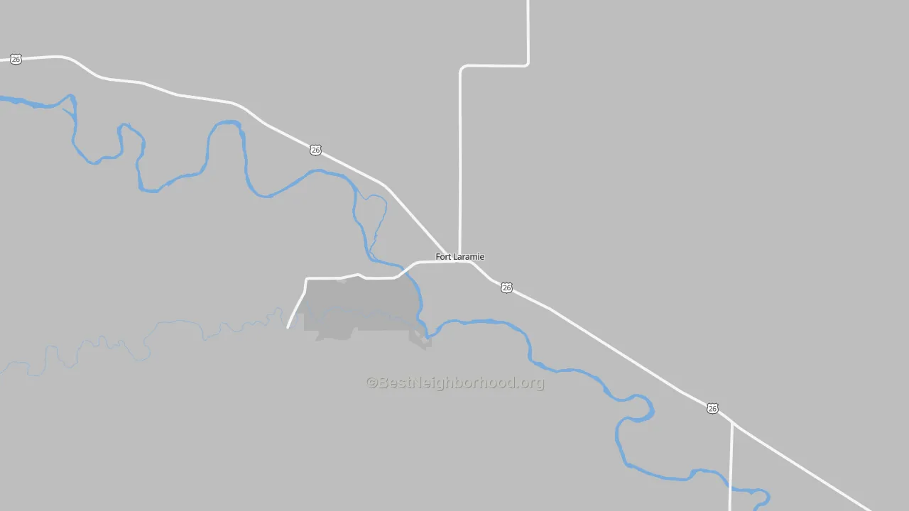 Walk Grade map of Fort Laramie, WY, walkable areas in green and car-dependent areas in red