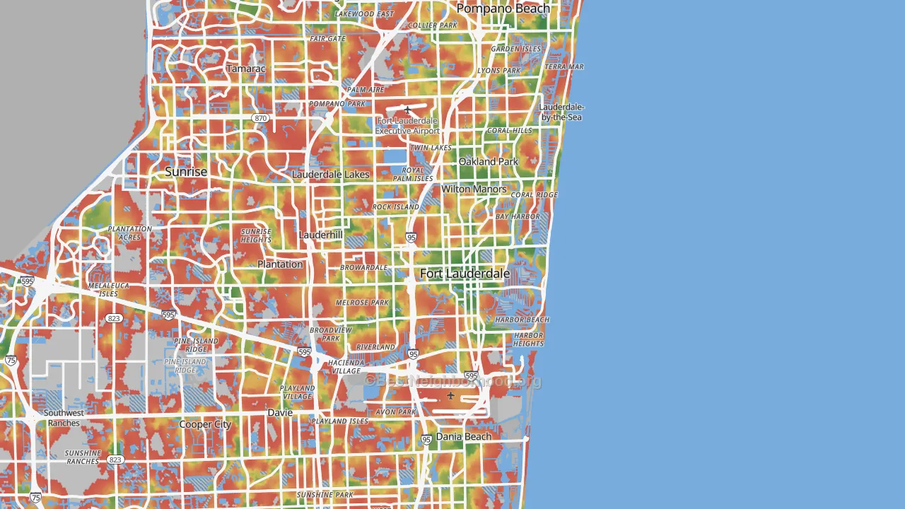 Walk Grade map of Fort Lauderdale, FL, walkable areas in green and car-dependent areas in red