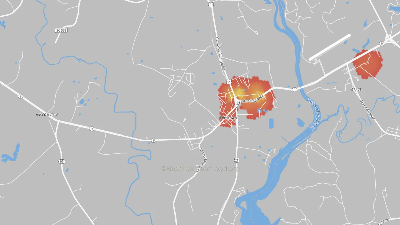 Walk Grade map of Fort Lawn, SC, walkable areas in green and car-dependent areas in red