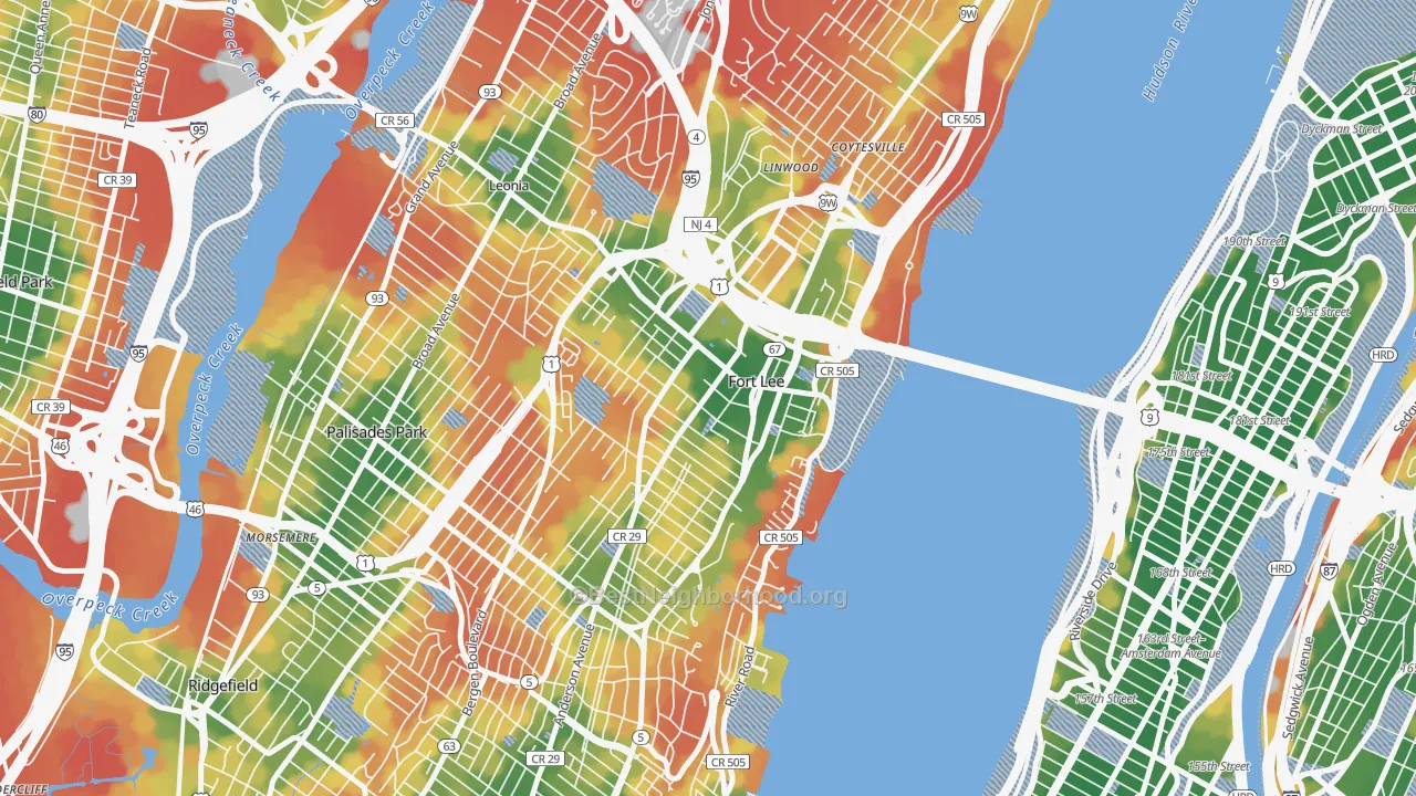 Walk Grade map of Fort Lee, NJ, walkable areas in green and car-dependent areas in red