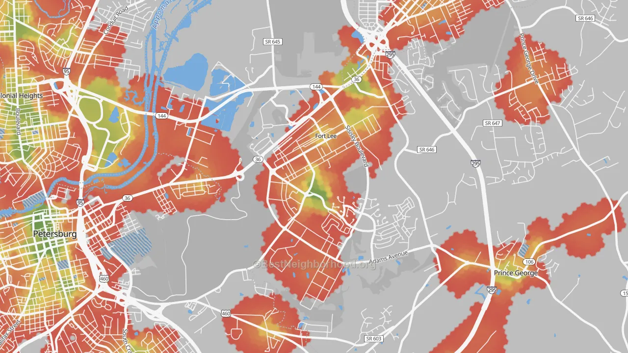 Walk Grade map of Fort Lee, VA, walkable areas in green and car-dependent areas in red