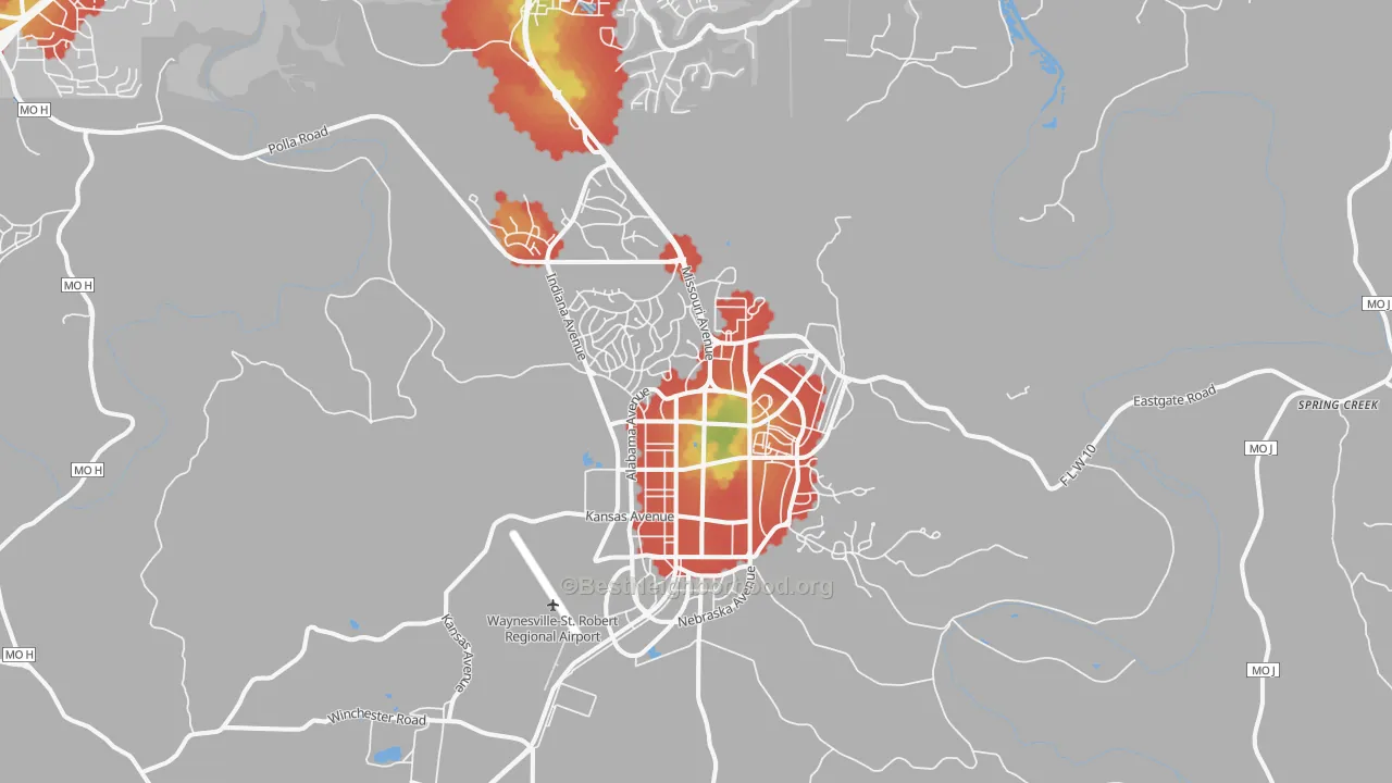 Walk Grade map of Fort Leonard Wood, MO, walkable areas in green and car-dependent areas in red