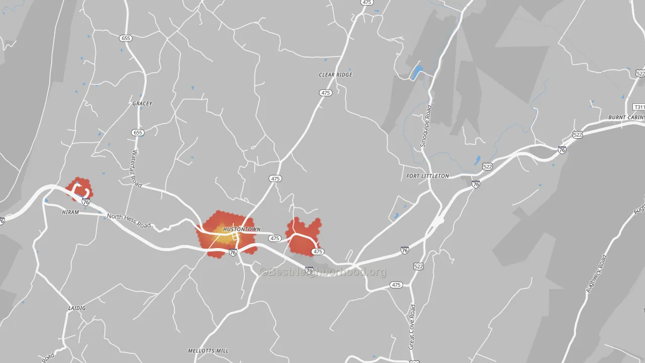 Walk Grade map of Fort Littleton, PA, walkable areas in green and car-dependent areas in red