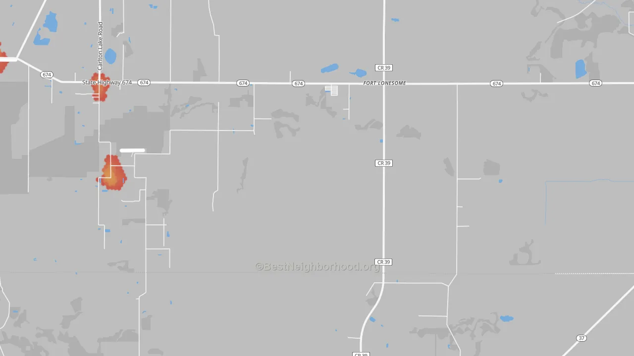 Walk Grade map of Fort Lonesome, FL, walkable areas in green and car-dependent areas in red