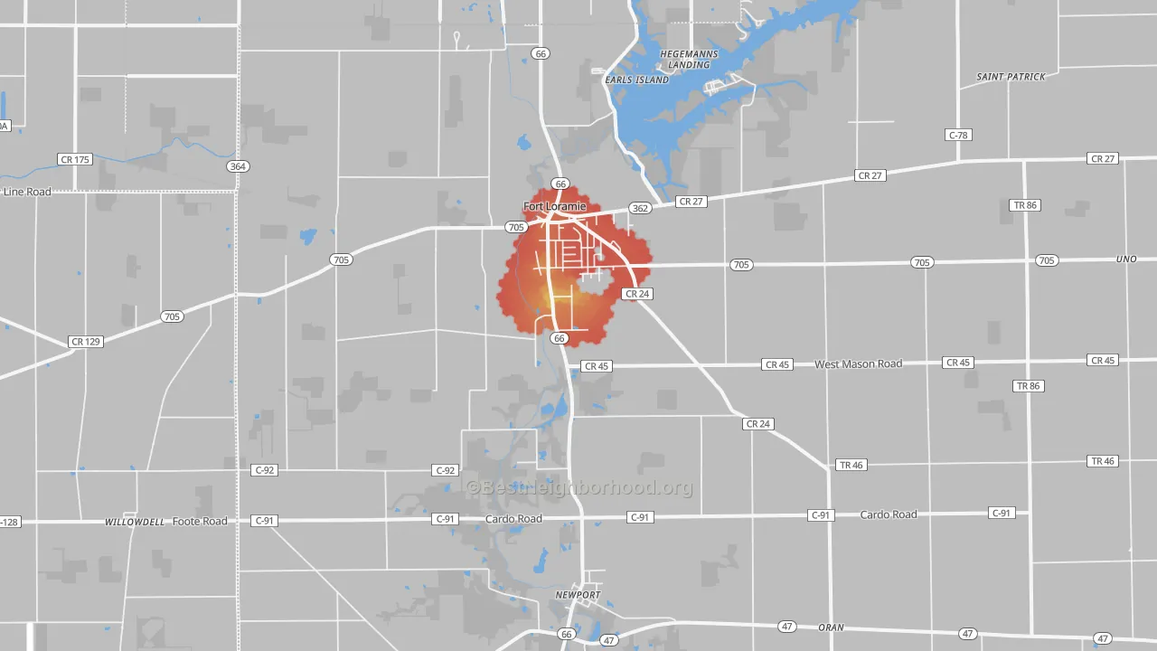 Walk Grade map of Fort Loramie, OH, walkable areas in green and car-dependent areas in red