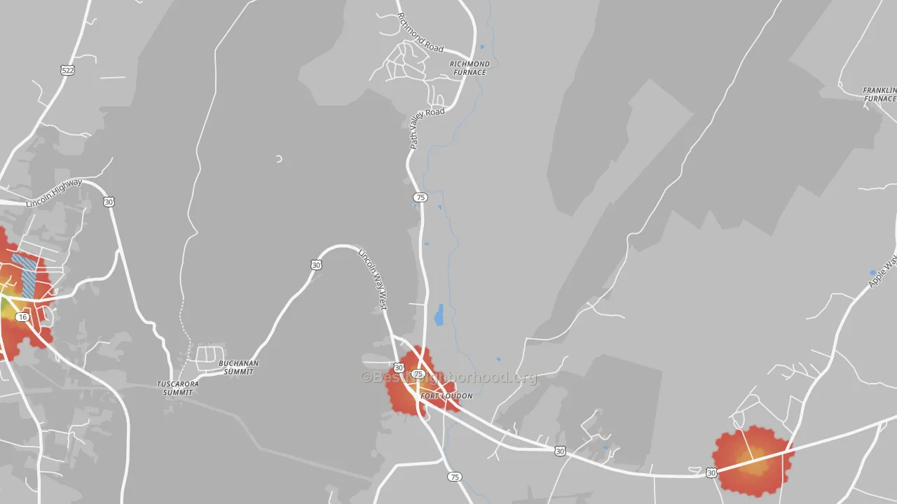 Walk Grade map of Fort Loudon, PA, walkable areas in green and car-dependent areas in red