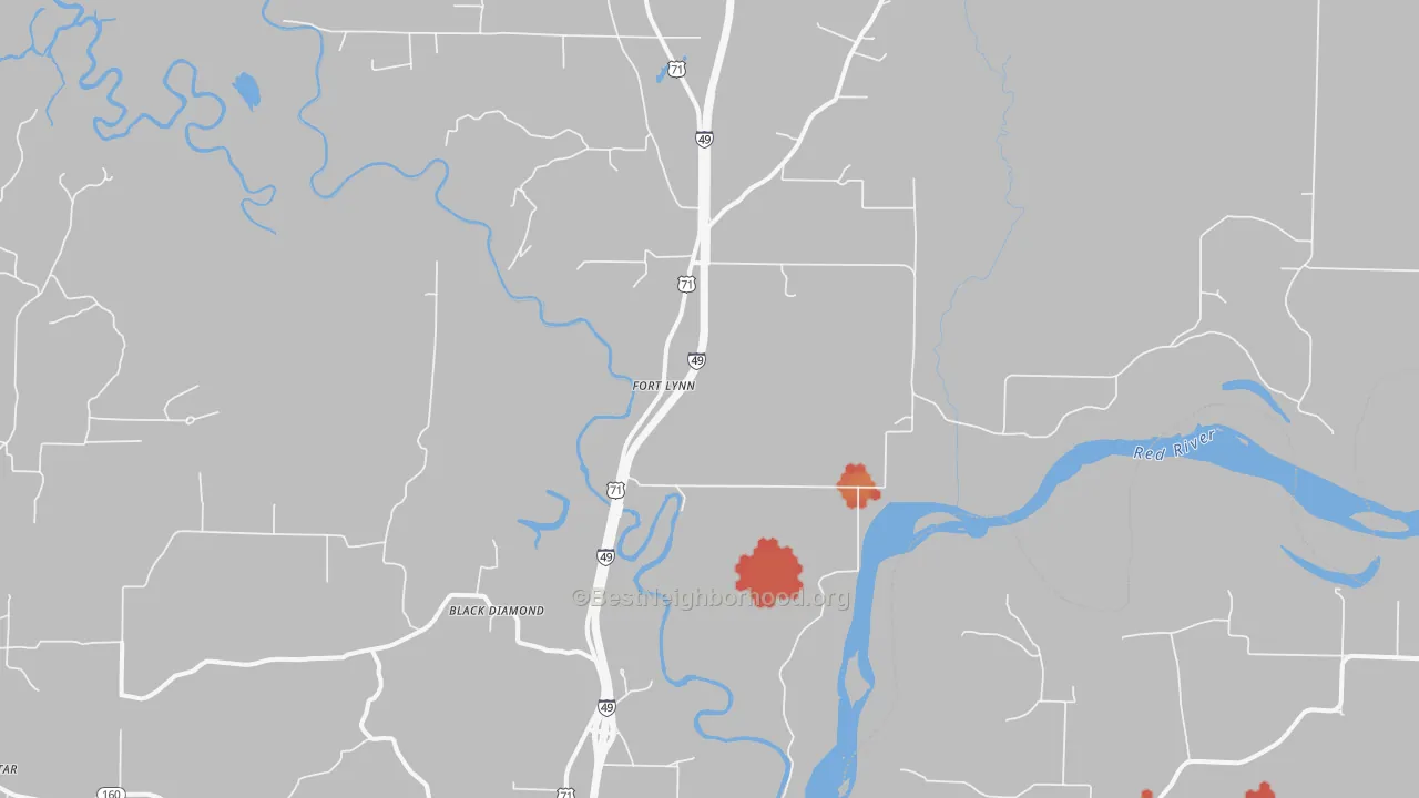 Walk Grade map of Fort Lynn, AR, walkable areas in green and car-dependent areas in red