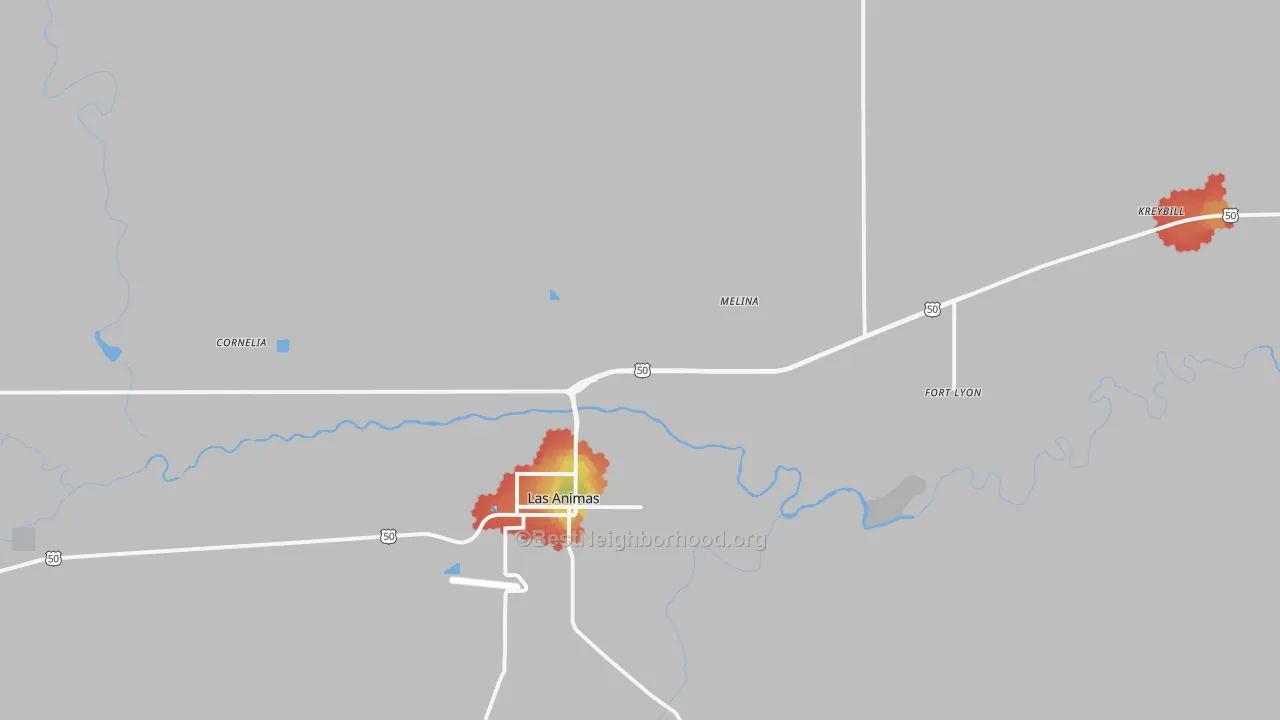 Walk Grade map of Fort Lyon, CO, walkable areas in green and car-dependent areas in red