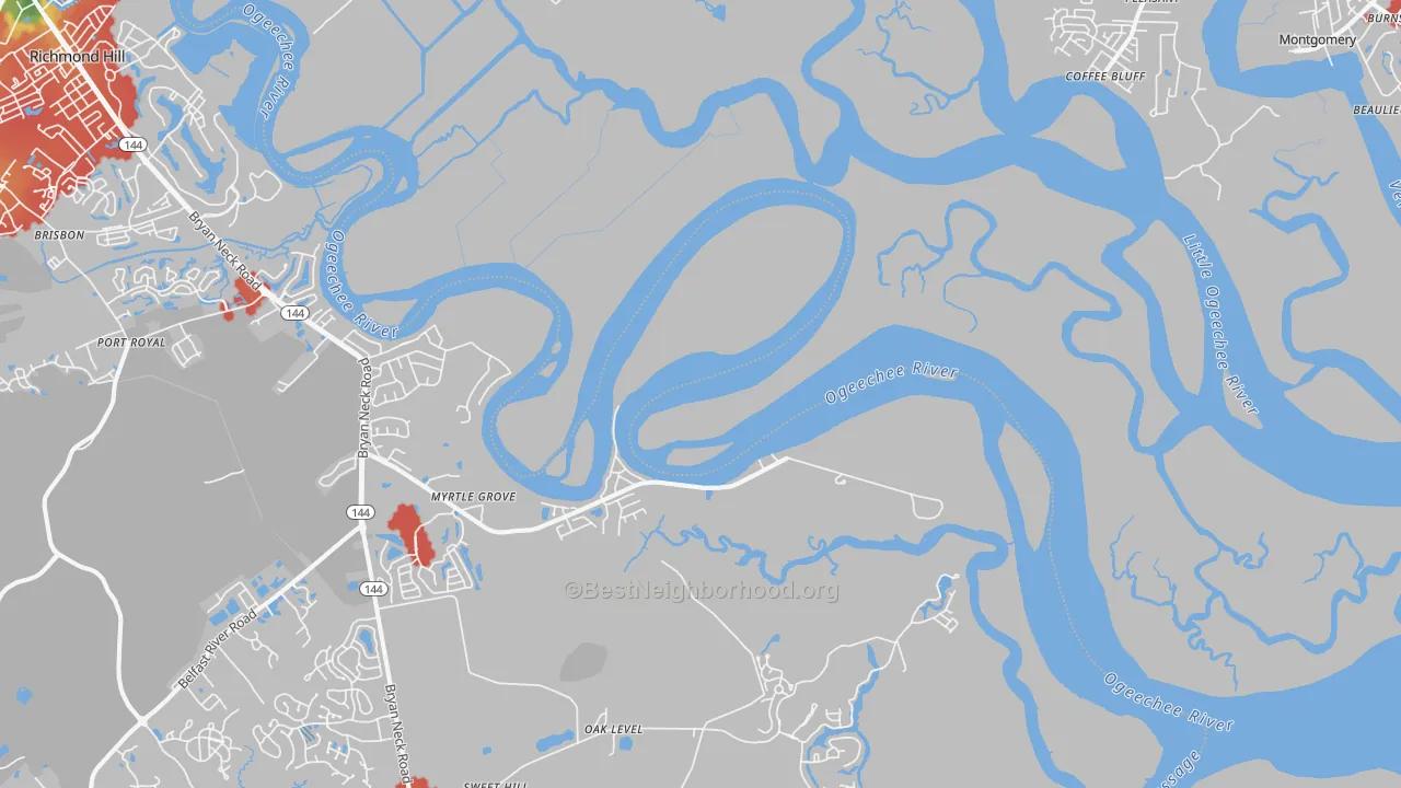 Walk Grade map of Fort McAllister, GA, walkable areas in green and car-dependent areas in red