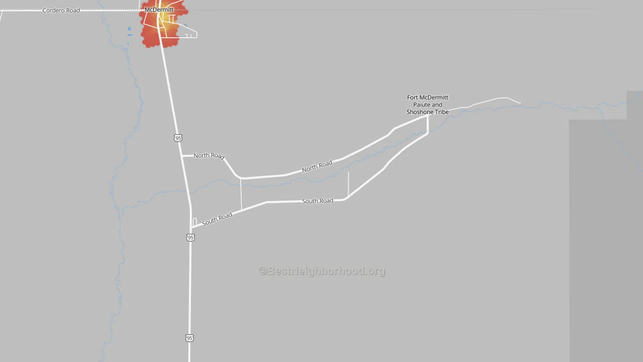 Walk Grade map of Fort McDermitt, NV, walkable areas in green and car-dependent areas in red