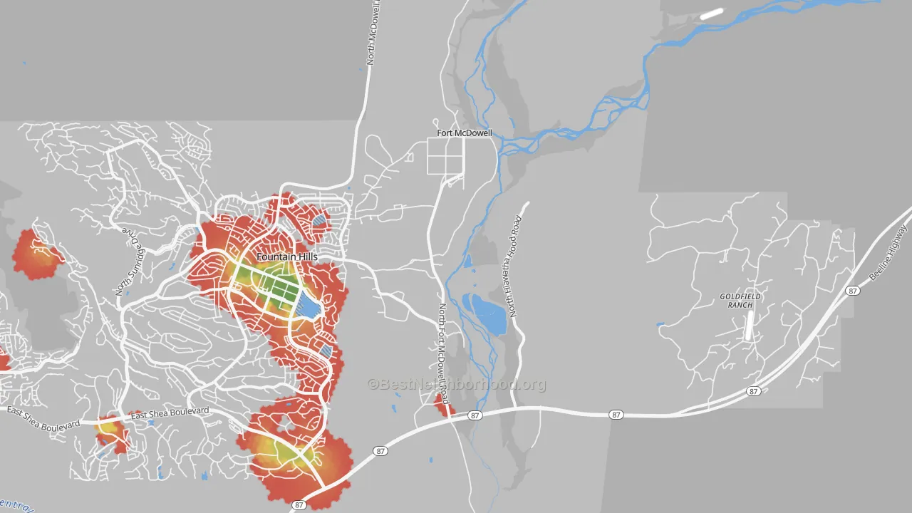 Walk Grade map of Fort McDowell, AZ, walkable areas in green and car-dependent areas in red
