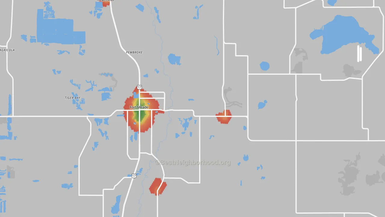 Walk Grade map of Fort Meade, FL, walkable areas in green and car-dependent areas in red