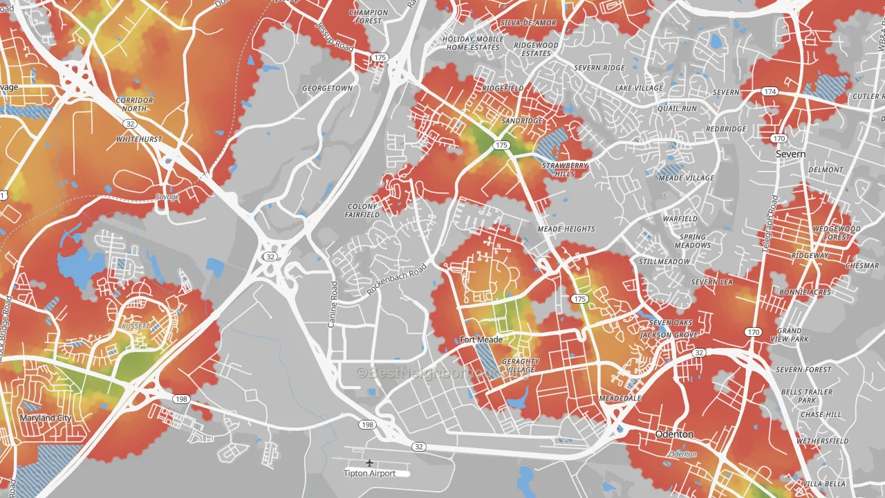 Walk Grade map of Fort Meade, MD, walkable areas in green and car-dependent areas in red