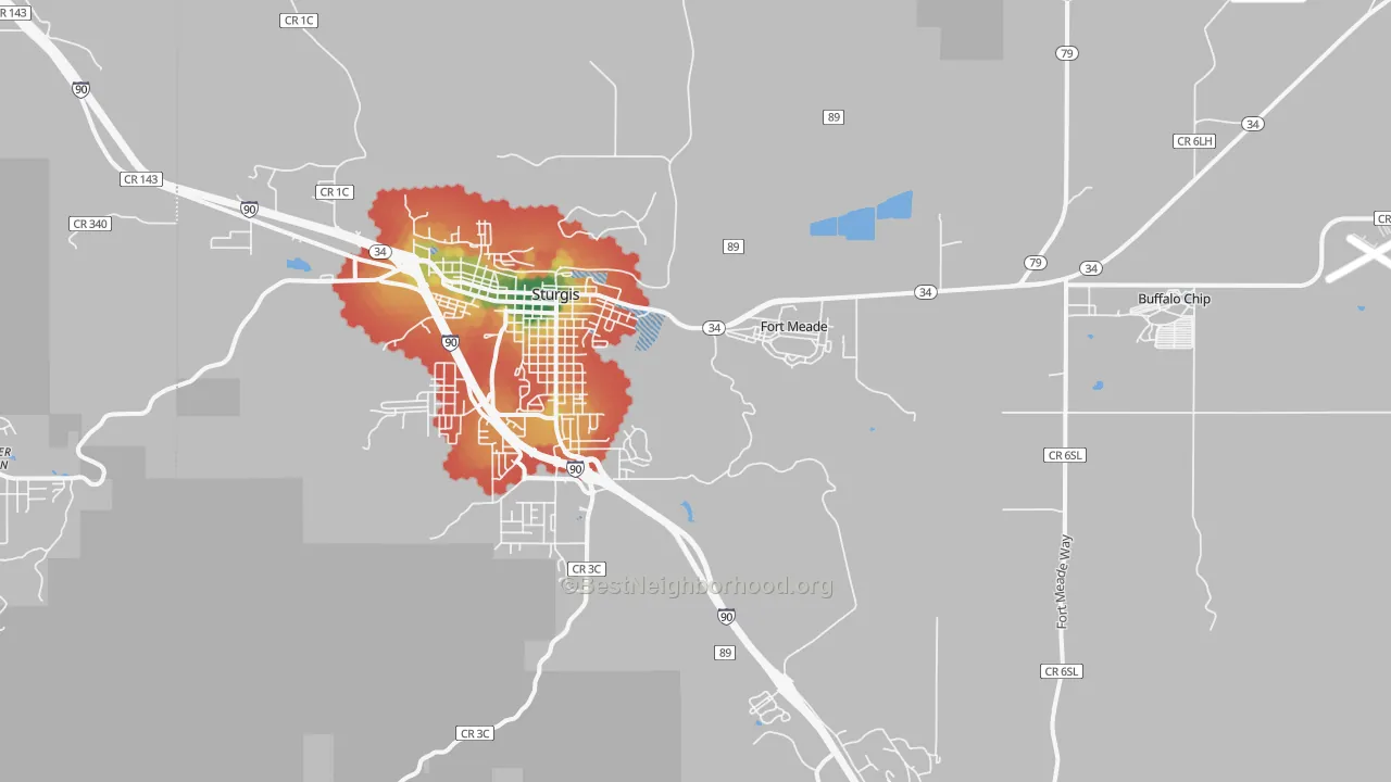 Walk Grade map of Fort Meade, SD, walkable areas in green and car-dependent areas in red