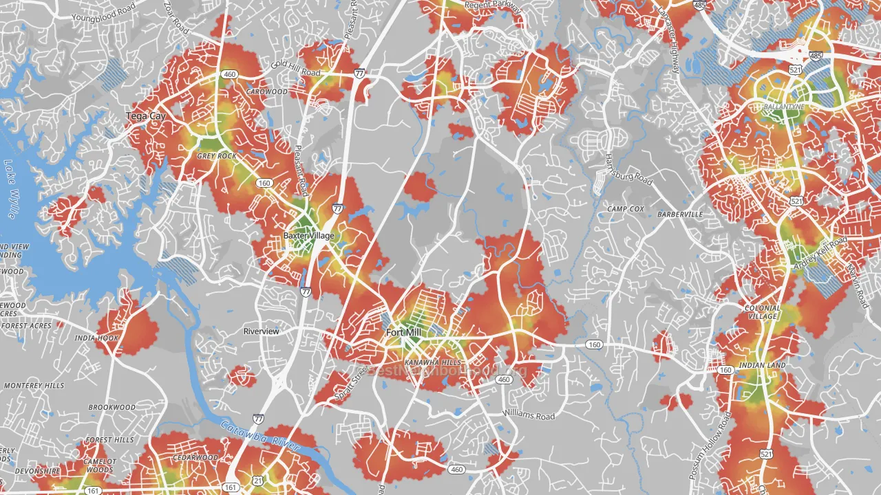 Walk Grade map of Fort Mill, SC, walkable areas in green and car-dependent areas in red