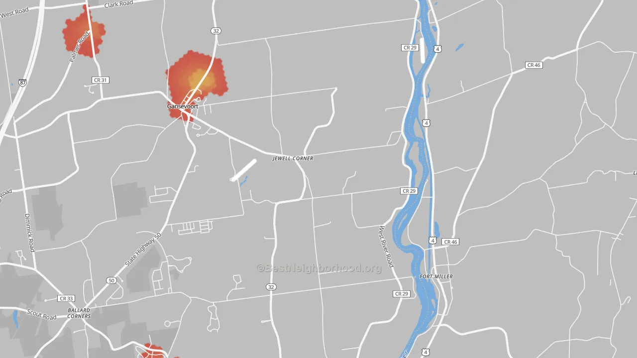 Walk Grade map of Fort Miller, NY, walkable areas in green and car-dependent areas in red