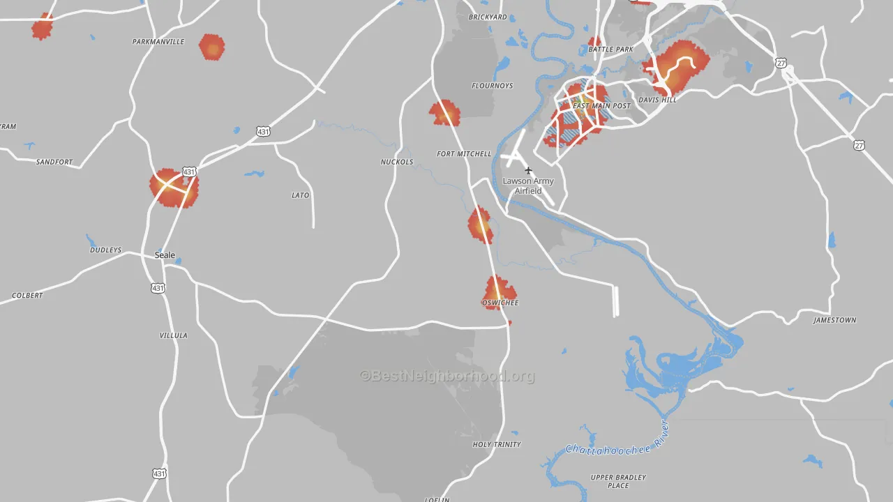 Walk Grade map of Fort Mitchell, AL, walkable areas in green and car-dependent areas in red
