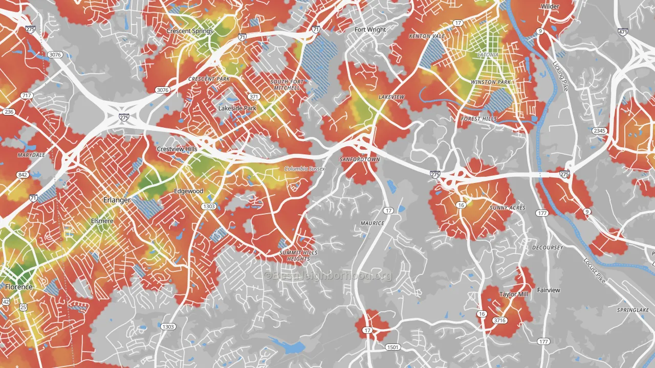 Walk Grade map of Fort Mitchell, KY, walkable areas in green and car-dependent areas in red