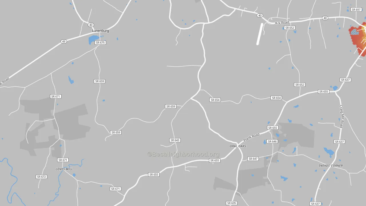 Walk Grade map of Fort Mitchell, VA, walkable areas in green and car-dependent areas in red