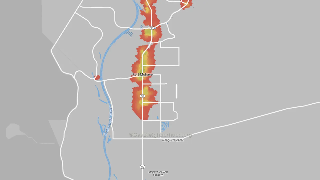 Walk Grade map of Fort Mohave, AZ, walkable areas in green and car-dependent areas in red