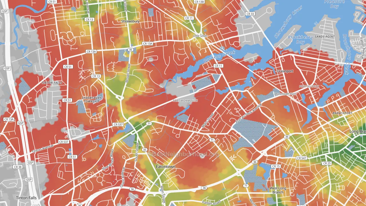 Walk Grade map of Fort Monmouth, NJ, walkable areas in green and car-dependent areas in red